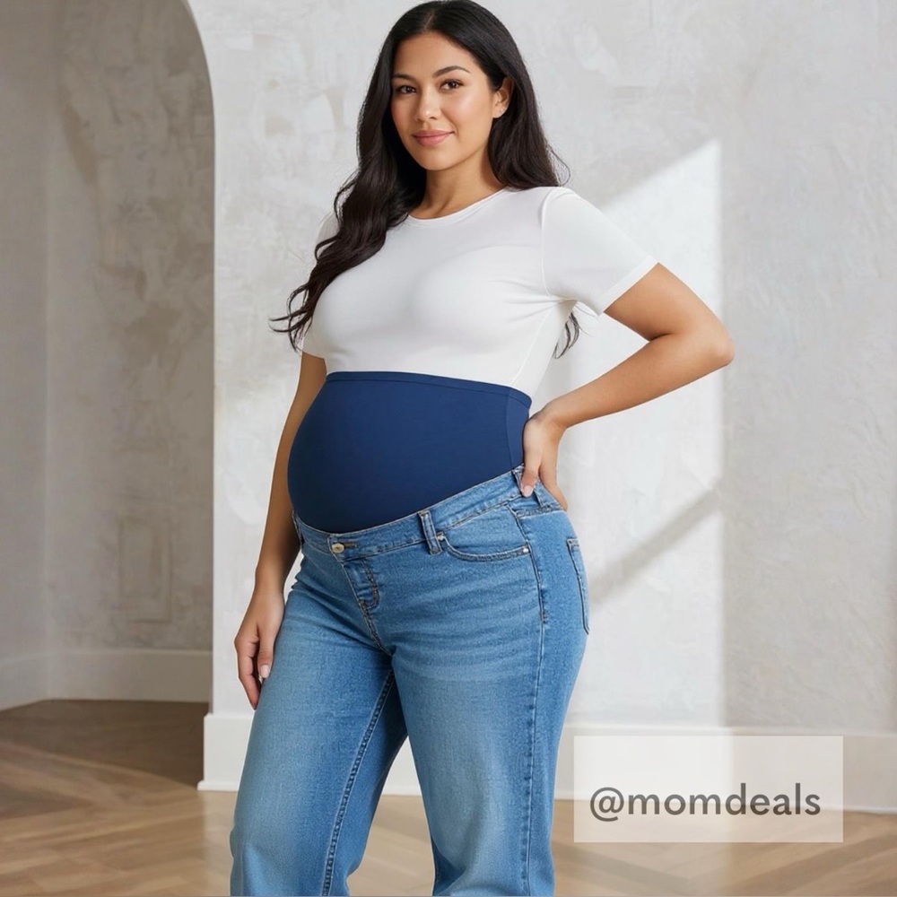 Maternity Time and Tru Light Blue Straight Leg Jeans Cotton Belly Band XL 16-18